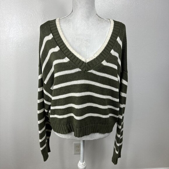 American Eagle Women's L Boxy Fit Sweater Olive Creme Striped - Picture 3 of 13